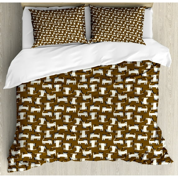 Ambesonne Kittens Duvet Cover Set, Funny Cartoon Cat, King, Dark Cocoa White