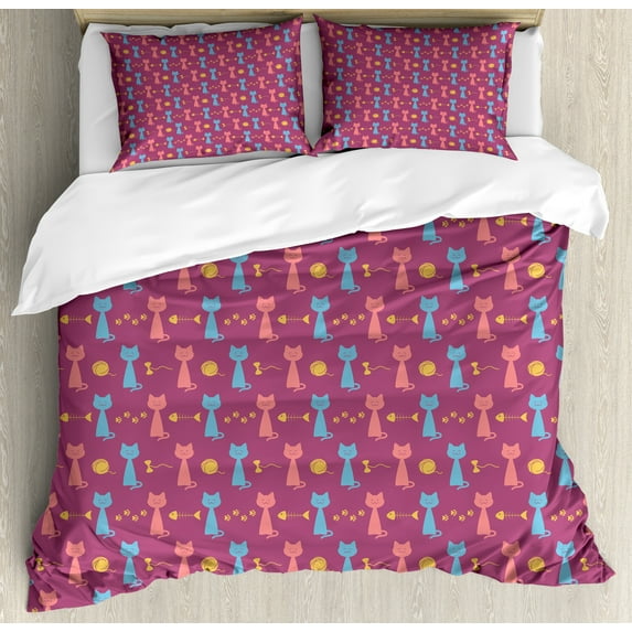 Ambesonne Kittens Duvet Cover Sets, Cats and Playful Items Art, 2-King, Dark Magenta Coral Blue