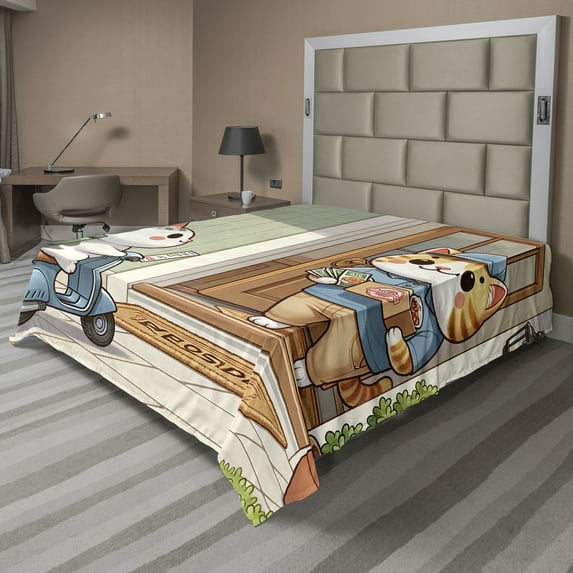 Ambesonne Kittens Flat Sheet, Funny Cats Pizza Delivery, Full Size, Pale Green and Multicolor