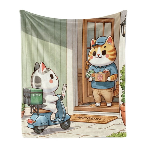 Ambesonne Kittens Fleece Throw Blanket Funny Cats Pizza Delivery 70"x90" Pale Green and Multicolor