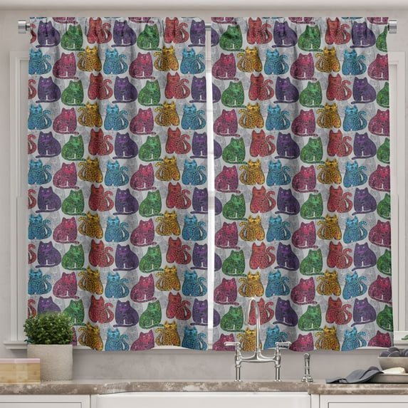 Ambesonne Kittens Kitchen Curtains, Funny Ornamental Cat Forms, 55"x45", Pale Grey Multicolor