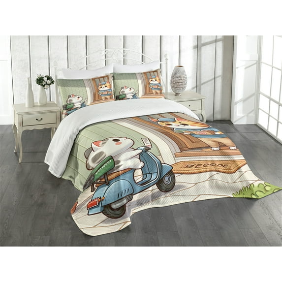Ambesonne Kittens Quilted Bedspread Set 3 Pcs, Funny Cats Pizza Delivery, King Size, Pale Green and Multicolor