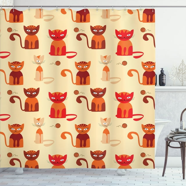 Ambesonne Kittens Shower Curtain, Cats in Paprika Orange Tone, 69"Wx70"L, Beige Multicolor