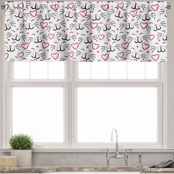 Ambesonne Kittens Valance Pack of 2, Funny Cat Faces and Hearts, 42"X18", Pink Charcoal Grey White