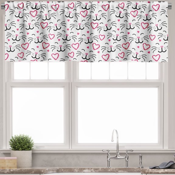 Ambesonne Kittens Valance Pack of 2, Funny Cat Faces and Hearts, 54"X12", Pink Charcoal Grey White