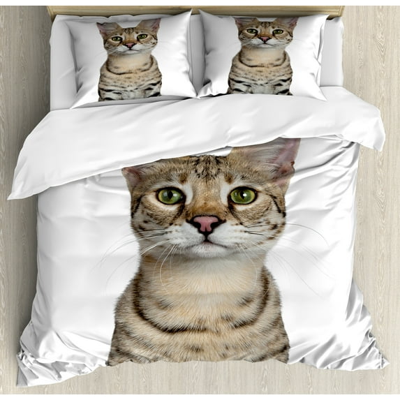 Ambesonne Kitty Duvet Cover Set, Head Shot of a Cool Young Cat, 2-Calking, Dark Sand Brown White