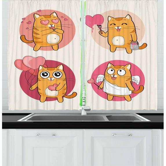 Ambesonne Kitty Kitchen Curtains, Romantic Kitten in Love, 55"x39", Multicolor