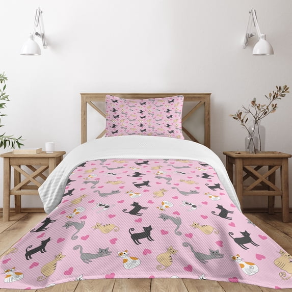 Ambesonne Kitty Quilted Bedspread Set 2 Pcs, Colorful Different Cats, Twin Size, Multicolor