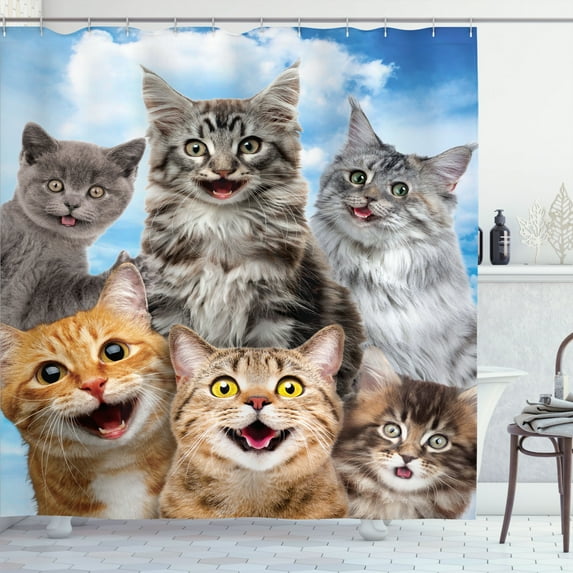 Ambesonne Kitty Shower Curtain, Kitten Cat's Whiskers Happy, 69"Wx70"L, Multicolor