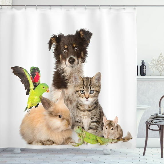 Ambesonne Kitty Shower Curtain, Parrot Dog Rabbit Lizard View, 69"Wx70"L, Dark Taupe and Yellow Green