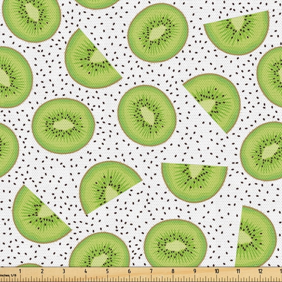 Ambesonne Kiwi Fabric by the Yard Upholstery, Sour Fruit Slices Pattern Art, 2 Yards, Avocado Green and White