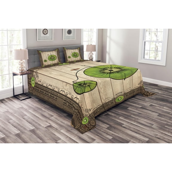 Ambesonne Kiwi Quilted Bedspread Set 3 Pcs, Retro Bike with Fruit Wheels, Queen Size, Lime Green Beige
