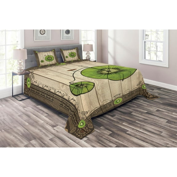 Ambesonne Kiwi Quilted Coverlet 3 Pcs, Retro Bike with Fruit Wheels, Queen Size, Lime Green Beige