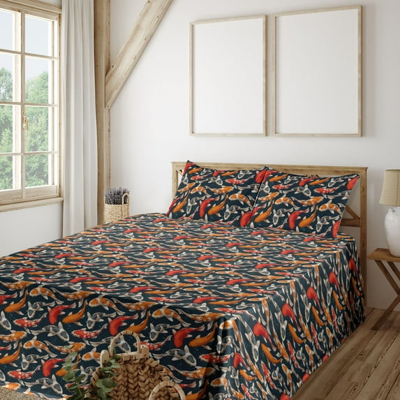 Ambesonne Koi Fish Fitted & Flat Sheet with Sham 3 Pcs Set, Japanese Carp Peaceful Art, Twin XL, Dark Petrol Blue and Orange