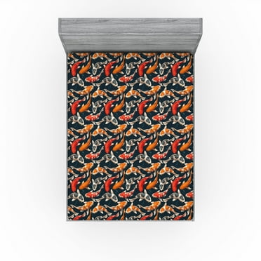 Ambesonne Koi Fish Fitted Sheet, Japanese Carp Peaceful Art, California King, Dark Petrol Blue and Orange