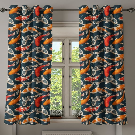 Ambesonne Koi Fish Grommet Curtain, Japanese Carp Peaceful Art, 50"x60", Dark Petrol Blue and Orange