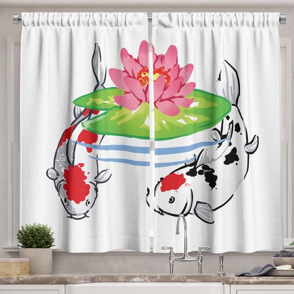 Ambesonne Koi Kitchen Curtains, Ethnic Carp Fish Lotus Blooming, 55"x30", Lime Green Vermilion Pink