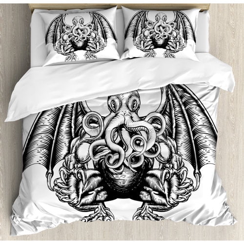 Ambesonne Kraken Cthulhu Monster Evil Fictional Cosmic Monster in Woodblock Style Illustration Duvet Cover Set