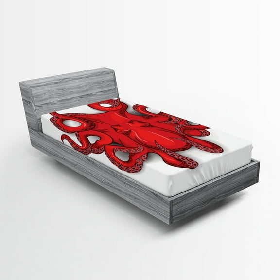Ambesonne Kraken Fitted Sheet, Octopus Animal Marine, Twin XL Size, Red
