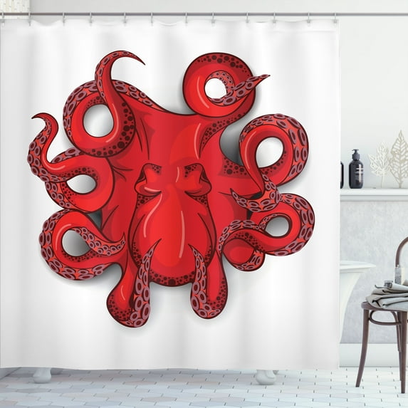 Ambesonne Kraken Shower Curtain, Octopus Animal Marine, 69"Wx84"L, Red