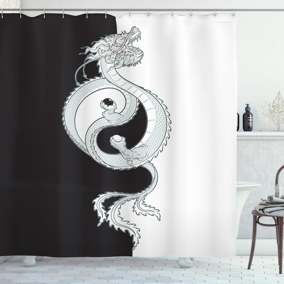 Ambesonne Kung Fu Shower Curtain, Dragon with Yin Yang, 69"Wx84"L, Grey White