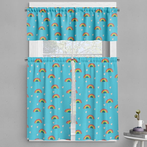 Ambesonne LGBT Valance & Curtain, Rainbows and Hearts Pattern, 55"x30", Sky Blue Green Orange