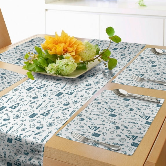 Ambesonne Lab Table Runner & Placemats, Chemical Illustration, Placemat 4 pcs + Runner 12"x90", Petrol Blue and White