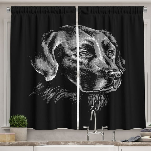 Ambesonne Labrador Kitchen Curtains, Sketch Art Retriever Puppy, 55"x45", Black and Grey