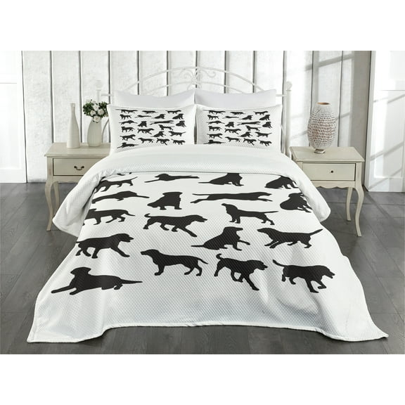 Ambesonne Labrador Quilted Bedspread Set 3 Pcs, Various Positions, King Size, Charcoal Grey White