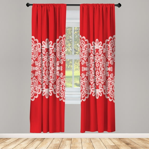 Ambesonne Lace Curtains, Vintage Style Ornamental Print, Pair of 28"x84", Dark Pink