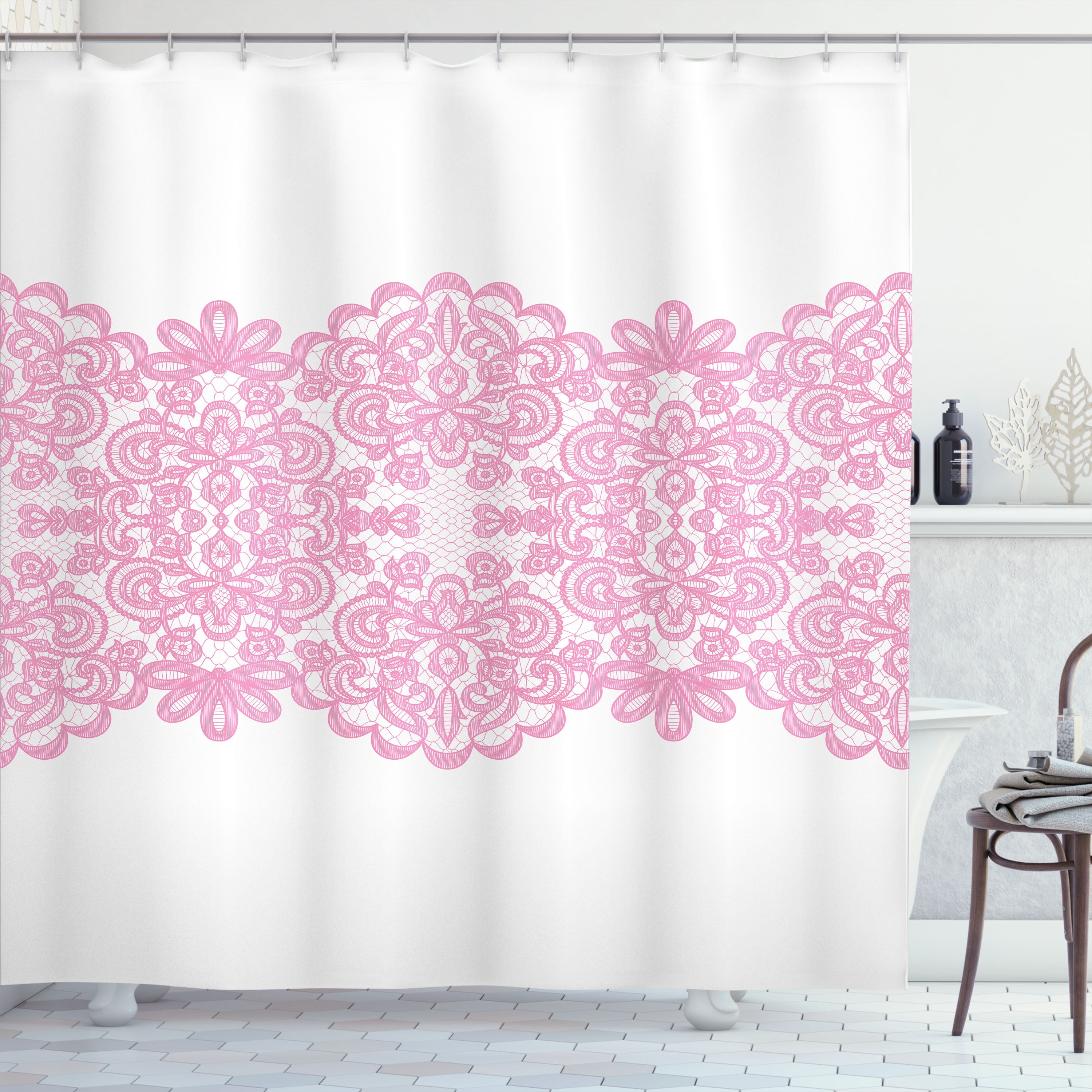 Pale Pink Ornamental Fabric Shower Curtain with Hooks