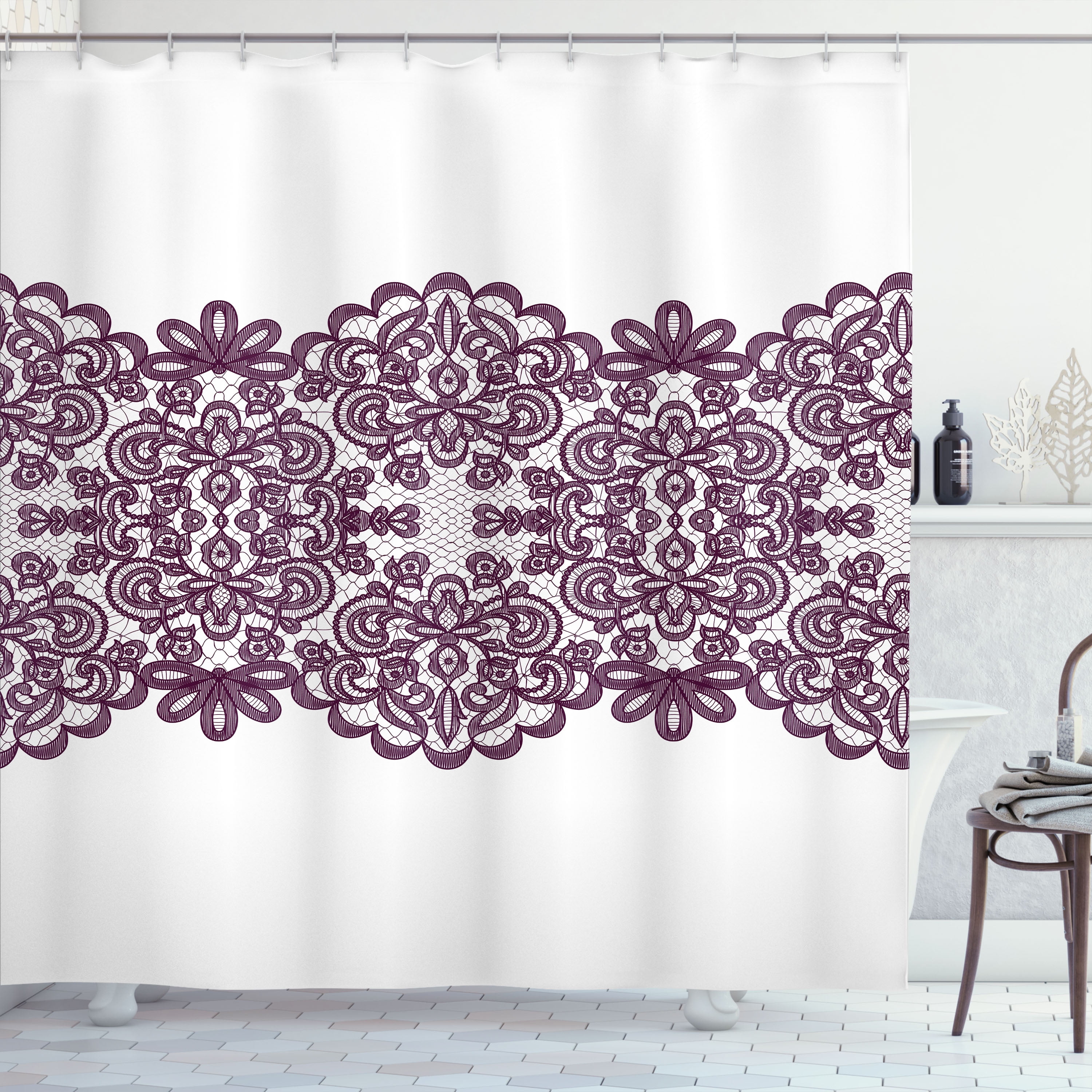 Maroon and White Ornamental Floral Fabric Shower Curtain