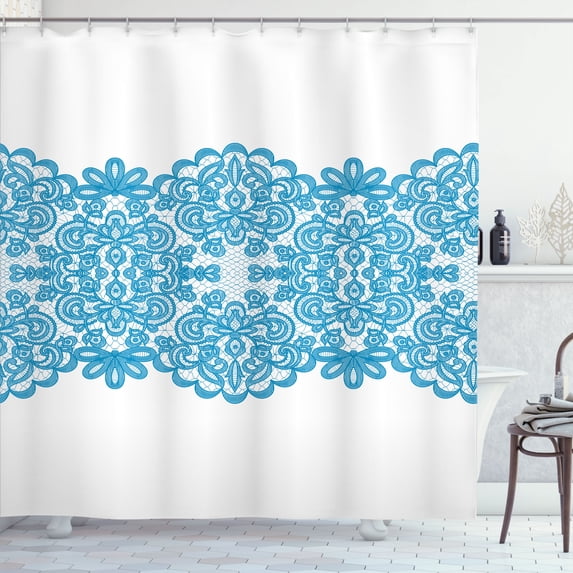 Ambesonne Lace Shower Curtain, Vintage Style Ornamental Print, 69"Wx75"L, Sky Blue
