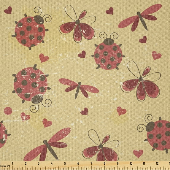 Ambesonne Ladybug Fabric by the Yard Microfiber, Dragonflies and Hearts, 2 Yards, Dark Coral Sand Brown
