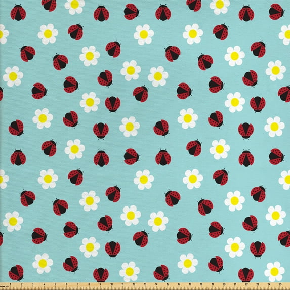Ambesonne Ladybug Fabric by the Yard Upholstery, Daisy Blossom Spring, 3 Yards, Multicolor