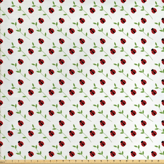 Ambesonne Ladybug Fabric by the Yard Upholstery, Flourishing Summer, 3 Yards, Fern Green Black Red