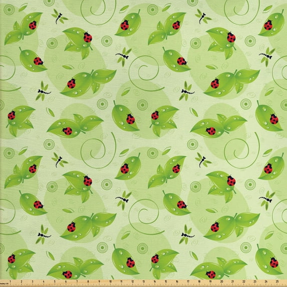 Ambesonne Ladybug Fabric by the Yard Upholstery, Foliage Dragonflies, 3 Yards, Pale Green Vermilion