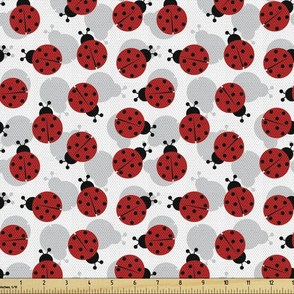 Ambesonne Ladybug Fabric by the Yard Upholstery, Spring Polka Dotted Animals, 3 Yards, Vermilion and Pale Grey