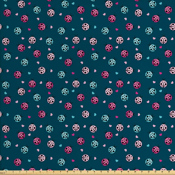 Ambesonne Ladybug Fabric by the Yard Upholstery, Vibrant Colors Hearts, 5 Yards, Multicolor