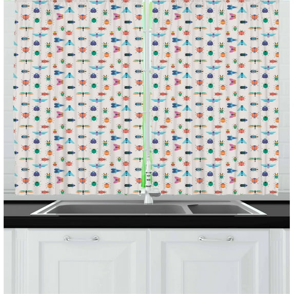 Ambesonne Ladybug Kitchen Curtains, Cartoon Winged Insects, 55"x39", Multicolor