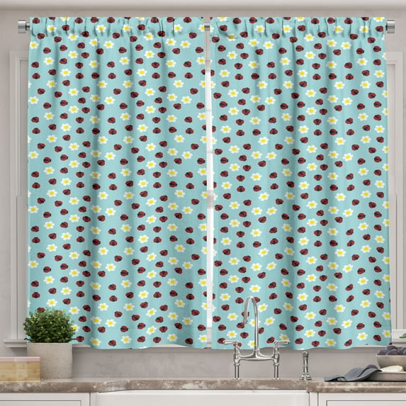 Ambesonne Ladybug Kitchen Curtains, Daisy Blossom Spring, 55"x39", Multicolor