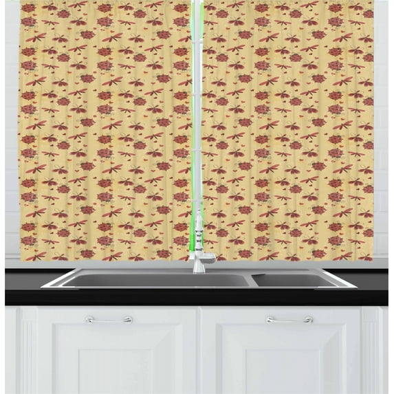 Ambesonne Ladybug Kitchen Curtains, Dragonflies and Hearts, 55"x39", Dark Coral Sand Brown