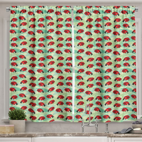 Ambesonne Ladybug Kitchen Curtains, Spring Season Fauna, 55"x39", Pale Green Vermilion