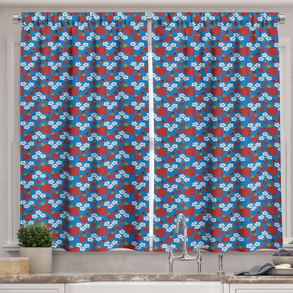 Ambesonne Ladybug Kitchen Curtains, Strawberry and Flowers, 55"x39", Blue Ruby Green