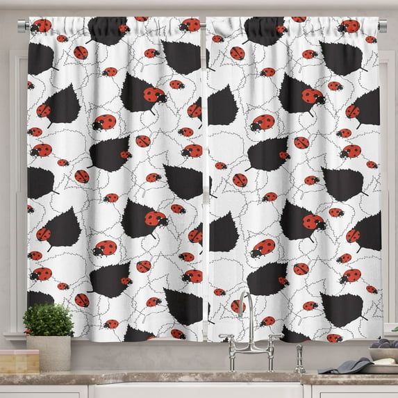 Ambesonne Ladybug Kitchen Curtains, Symbolism of Luck Design, 55"x45", White Black and Vermilion