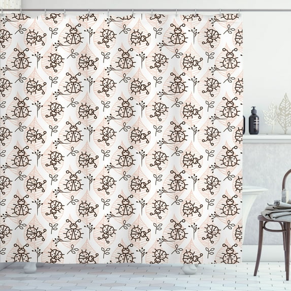Ambesonne Ladybug Shower Curtain, Insect on Leaves, 69"Wx70"L, Peach Charcoal Grey