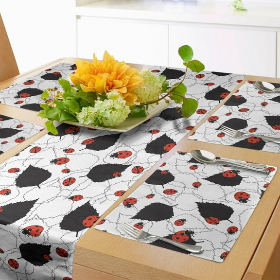 Ambesonne Ladybug Table Runner & Placemats, Symbolism of Luck Design, Placemat 4 pcs + Runner 12"x72", White Black and Vermilion