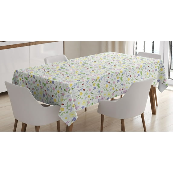 Ambesonne Ladybug Tablecloth Rectangular Table Cover, Butterfly and Flora Blooms, 60"x90", Multicolor