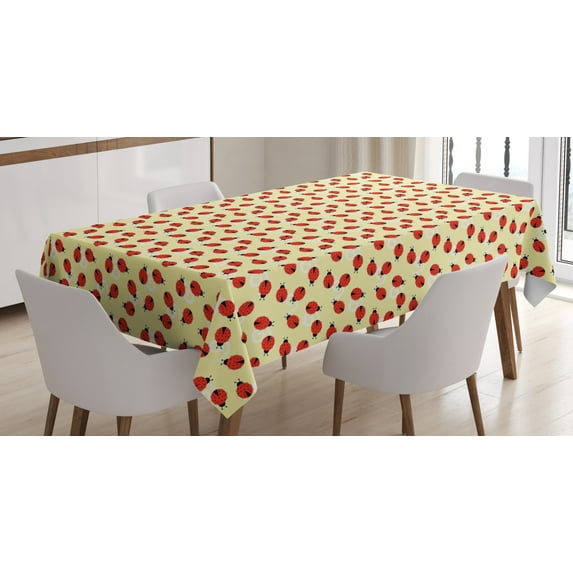Ambesonne Ladybug Tablecloth Rectangular Table Cover, Ladybugs and Swirls, 52"x70", Pale Yellow Vermilion