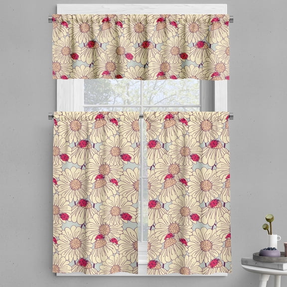 Ambesonne Ladybug Valance & Curtain, Spring Season Bugs, 55"x30", Dark Coral Cream